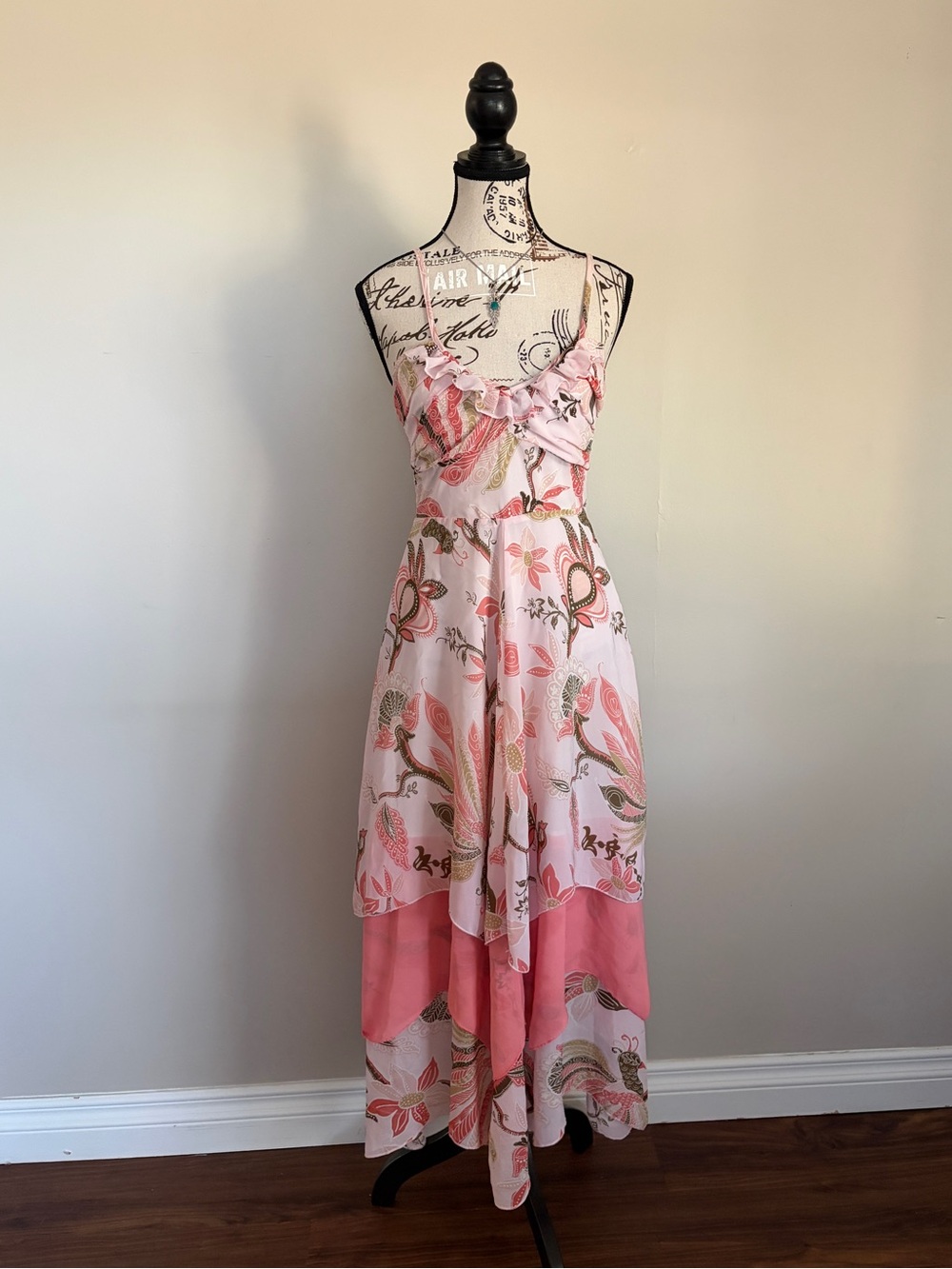Y2K 2000s Light Pink Boho Fairy Floral Ruffle Tiered Tie Back Maxi Dress
